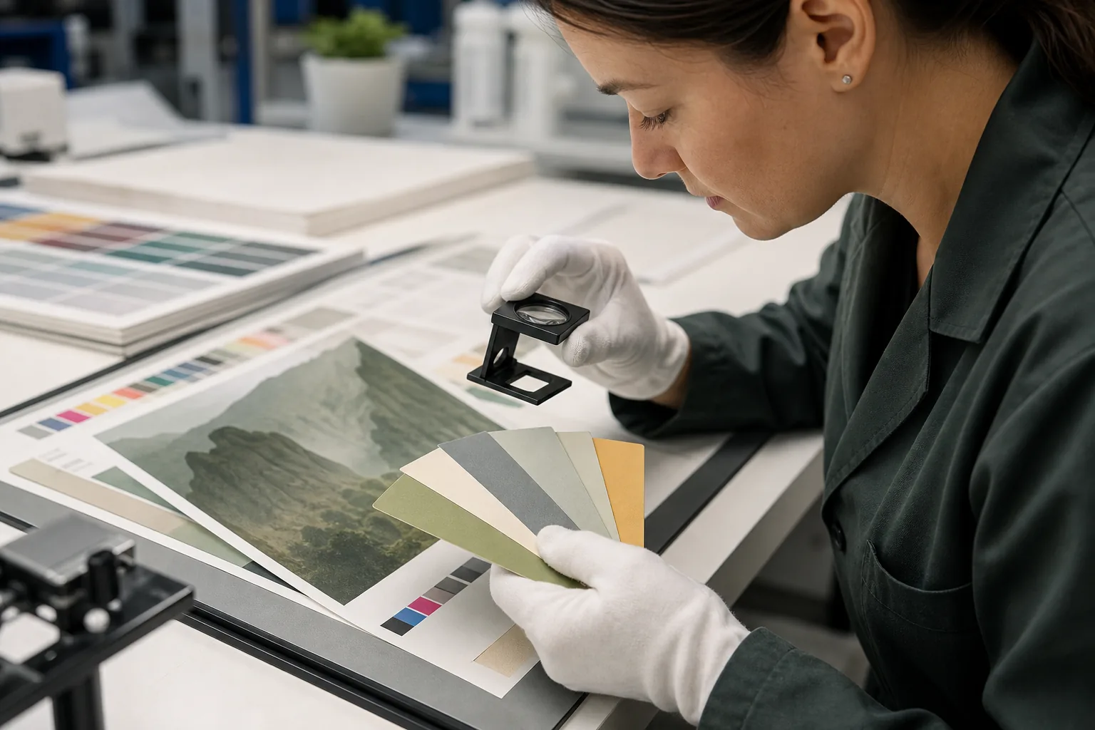 Quality specialist inspecting printed paper color and registration